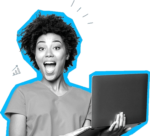 Surprised student looking at a computer trying to find solutions to her student debt problem